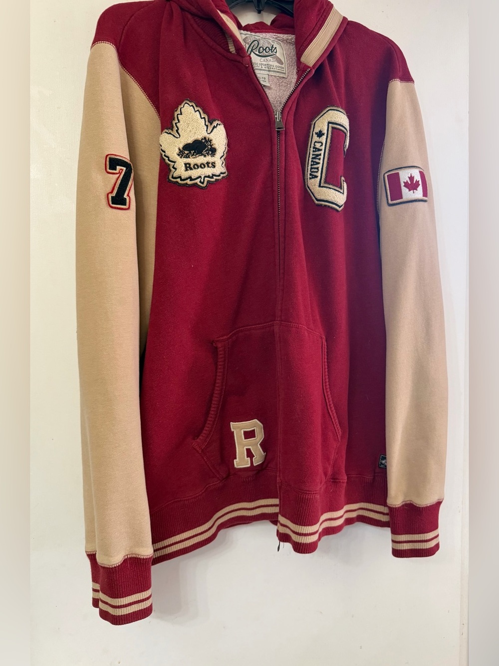 Roots Canada Red and Cream Hooded Varsity Jacket